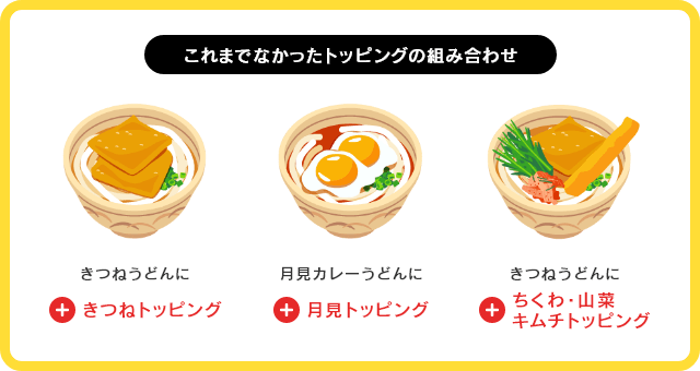 新しく知れたお客様のご要望「きつねうどんにきつねトッピング」「月見カレーうどんに月見トッピング」「きつねうどんにちくわと山菜、キムチトッピング」